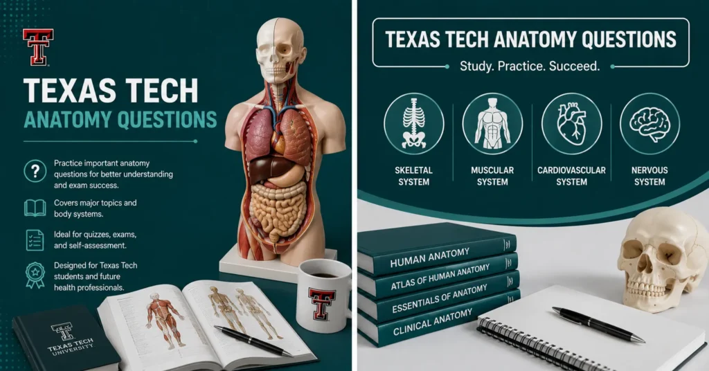 Texas Tech anatomy questions infographic featuring a human skeleton, anatomy textbooks, and exam preparation tips