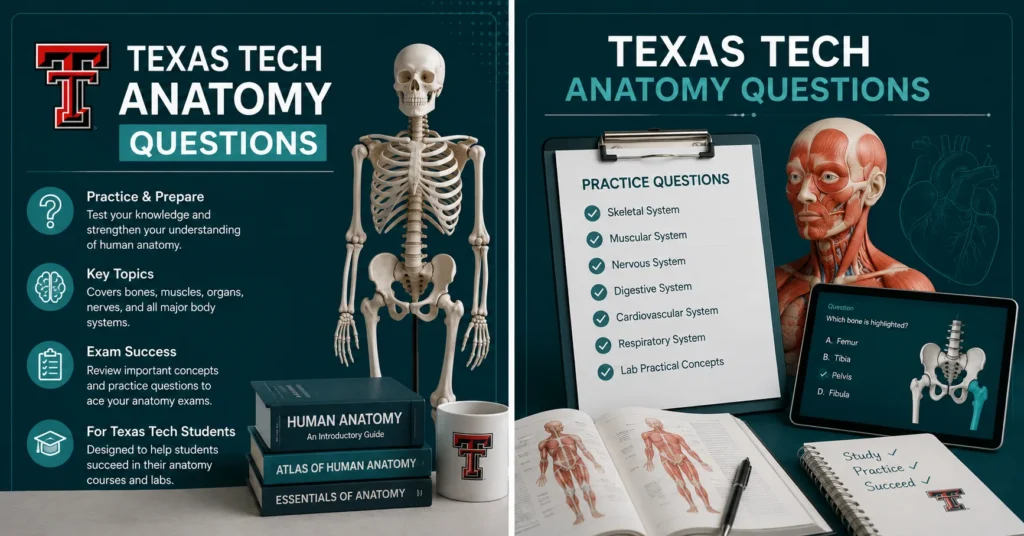 Texas Tech anatomy questions study infographic featuring muscular anatomy, practice questions, body systems, and anatomy books