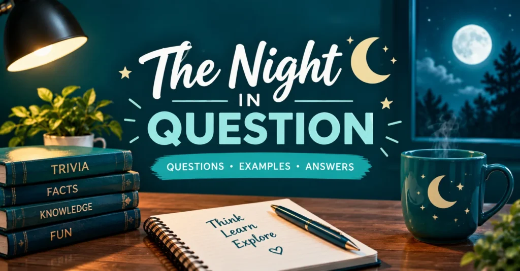 The Night in Question graphic with moon, lantern, books, mug, notebook, and teal nighttime theme.