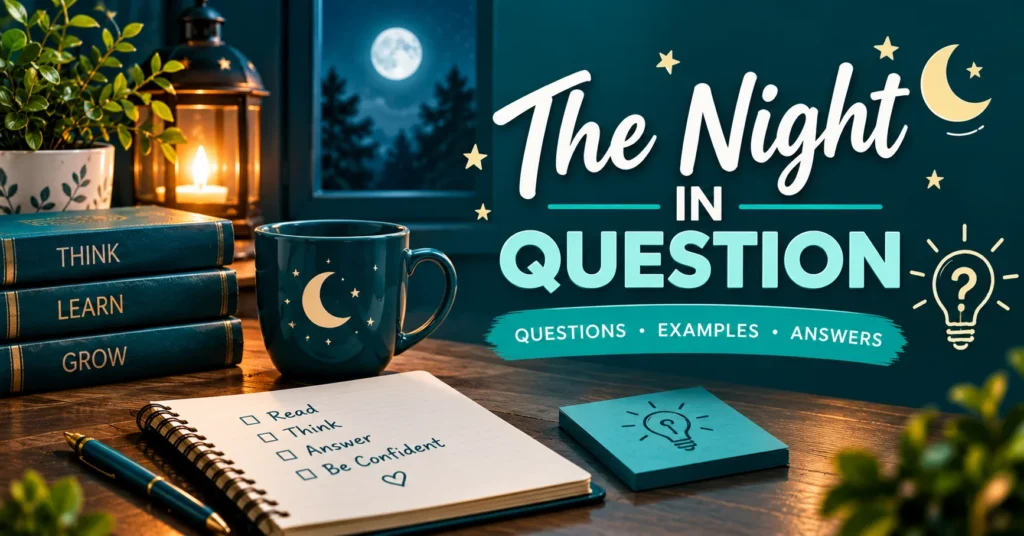 The Night in Question banner featuring a moonlit window, trivia books, notebook, steaming mug, stars, and teal night design.