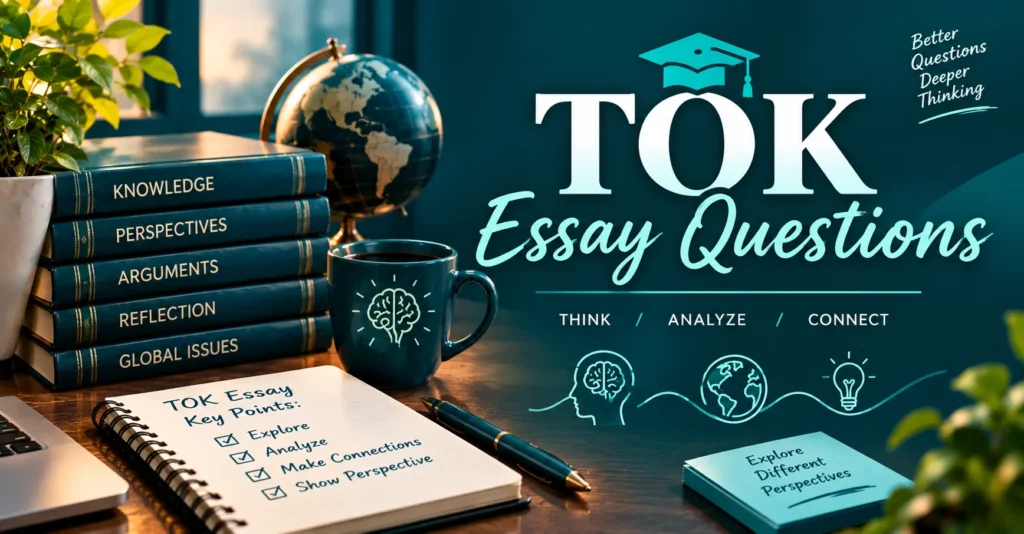 TOK Essay Questions infographic with academic books, globe, notebook, coffee mug, and teal educational theme.