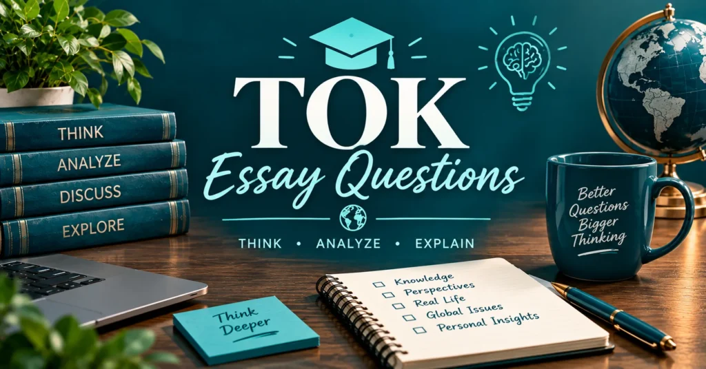 TOK Essay Questions banner featuring knowledge books, globe, brain icon, notebook, pen, and modern teal study design.