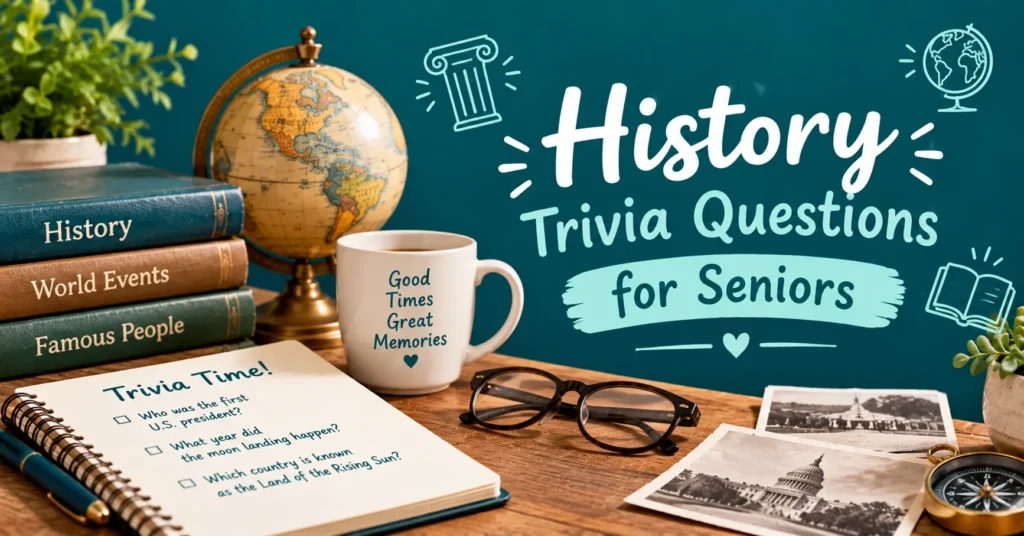 Trivia questions and answers for seniors with books, glasses, coffee mug, and learning-themed decor.