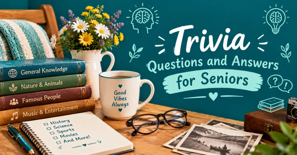 Trivia questions and answers for seniors with flowers, books, puzzle pieces, vintage photos, and a cozy reading setup.
