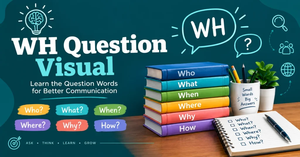 WH Question Visual infographic showing Who, What, When, Where, Why, and How with a notebook, colorful books, lightbulb, and study icons.