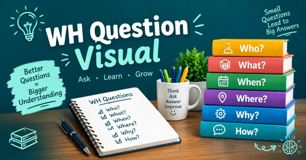 WH Question Visual educational banner featuring WH question words, colorful books, a checklist notebook, lightbulb-brain icon, and learning graphics.