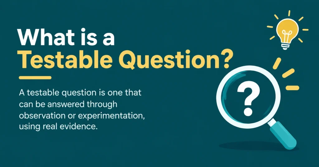 What is a testable question? An educational graphic explaining that a testable question can be answered through observation or experimentation using real evidence, with a question-mark magnifying glass illustration.