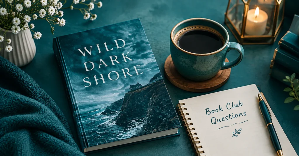 Wild Dark Shore book club questions with book and cozy reading setup