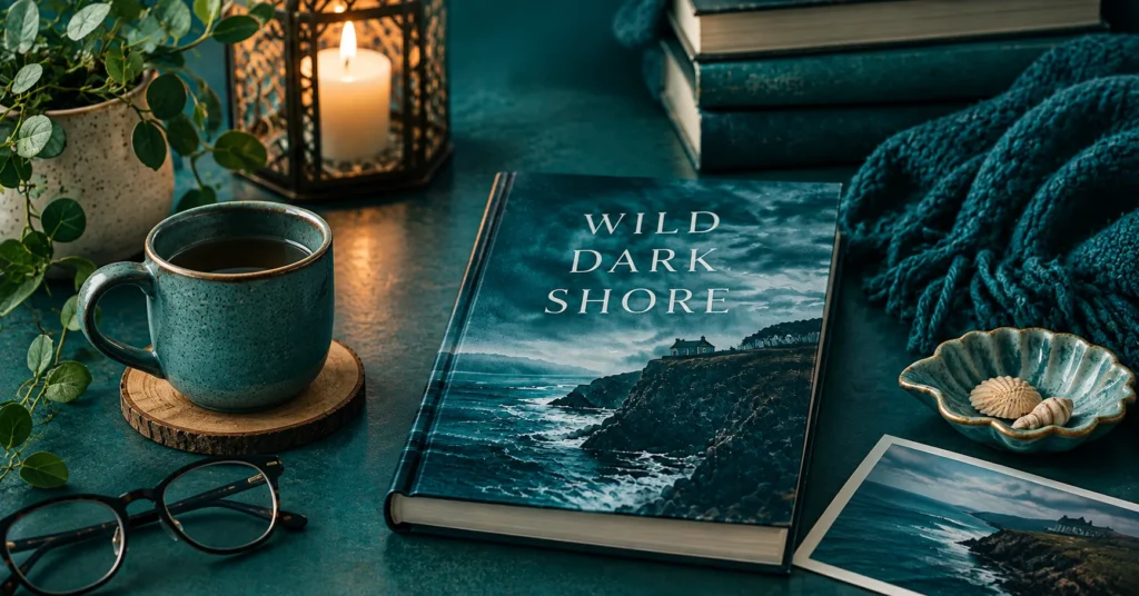 Wild Dark Shore book with coffee, candle, shells, and coastal reading scene