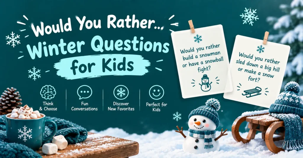 Winter Would You Rather questions for kids with snowman and sledding activities