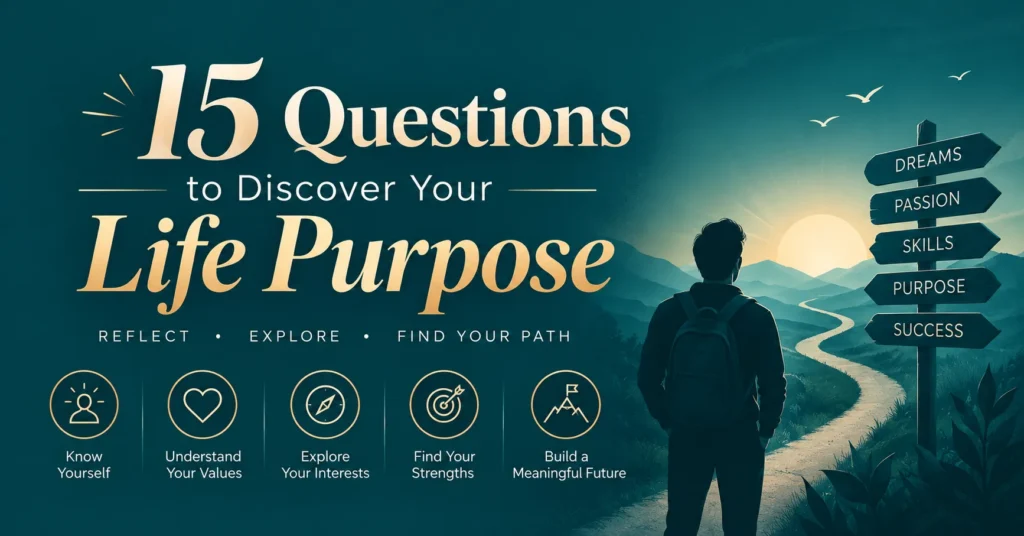 “15 questions to discover your life purpose  a premium self-reflection graphic featuring a person walking toward a sunrise with signposts for dreams, passion, skills, purpose, and success.”
