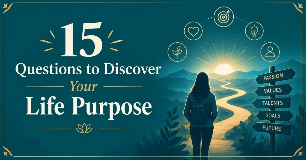 “15 Questions to Discover Your Life Purpose” infographic featuring a person walking toward a sunrise along a winding path, with signposts for passion, values, talents, goals, and future, in a premium deep teal and gold design.