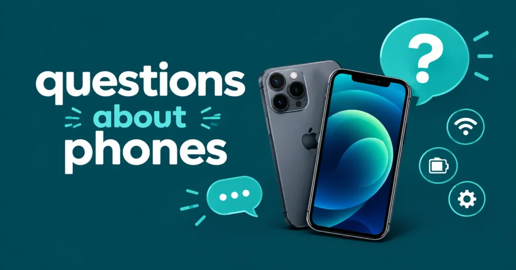 Questions about phones with smartphones, question mark, chat, call, and settings icons on a teal background