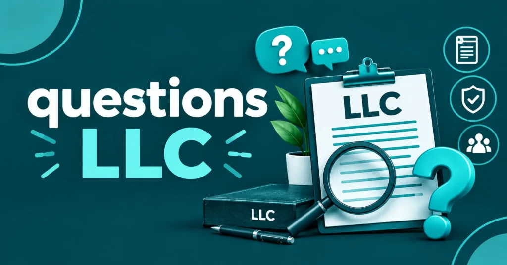 Questions LLC featuring an LLC checklist document, magnifying glass, question mark, chat bubbles, and plant on a teal background