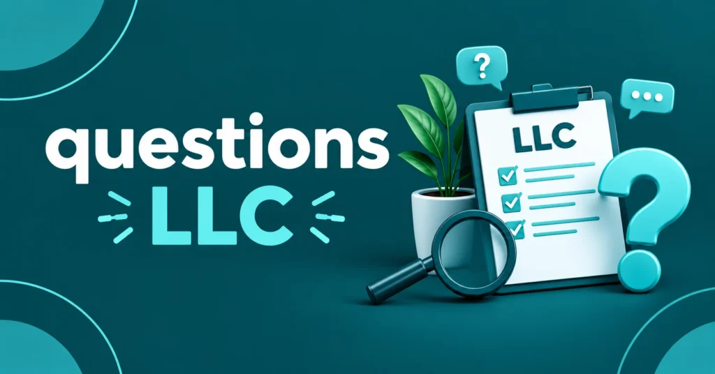 Questions LLC with an LLC document, magnifying glass, question mark, chat icons, and business symbols on a dark teal background