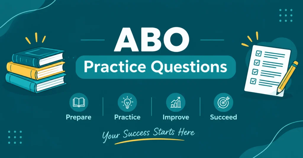 ABO Practice Questions with study books, checklist, pencil, and preparation steps for exam success