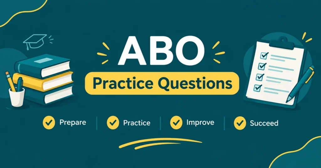 ABO Practice Questions infographic featuring books, checklist, and steps to prepare, practice, improve, and succeed