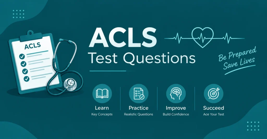ACLS Test Questions infographic with a medical checklist, stethoscope, ECG heart, and steps to learn, practice, improve, and succeed