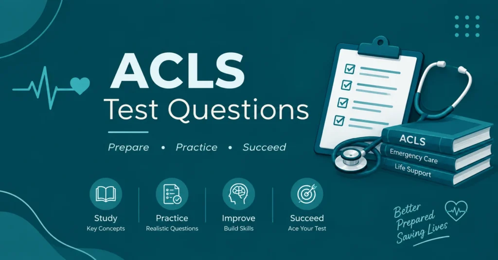 ACLS Test Questions study infographic featuring a checklist, stethoscope, ACLS books, ECG heart, and exam preparation steps