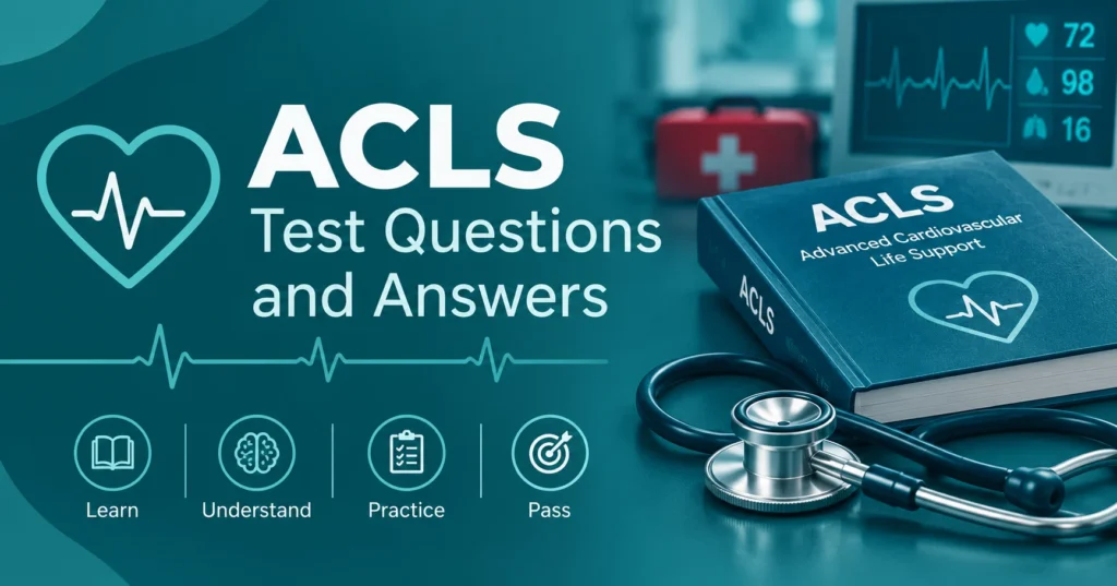 ACLS test questions and answers with medical study book, stethoscope, ECG heartbeat, and exam preparation icons.