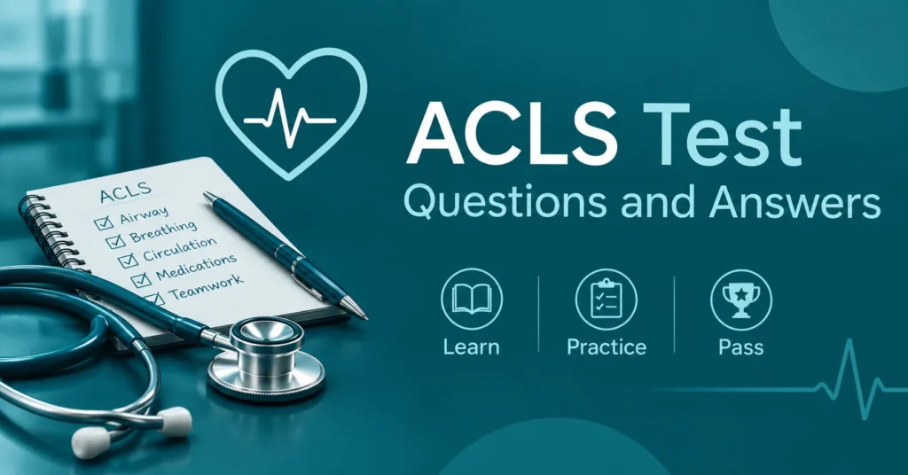 ACLS test questions and answers infographic featuring an ACLS checklist, stethoscope, heart rhythm icon, and learn, practice, and pass concepts.