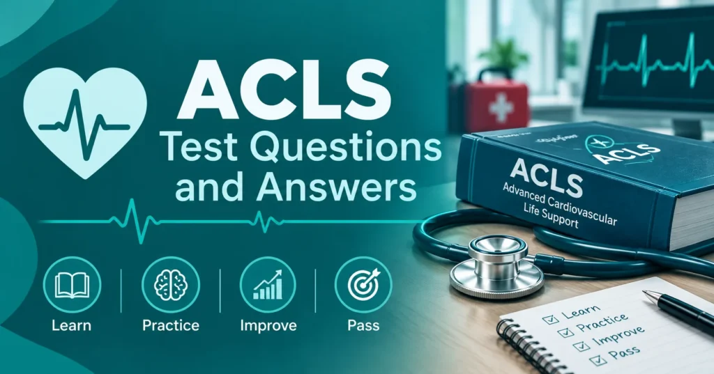 ACLS test questions and answers infographic with an ECG heart icon, ACLS books, stethoscope, checklist, and study preparation concepts.