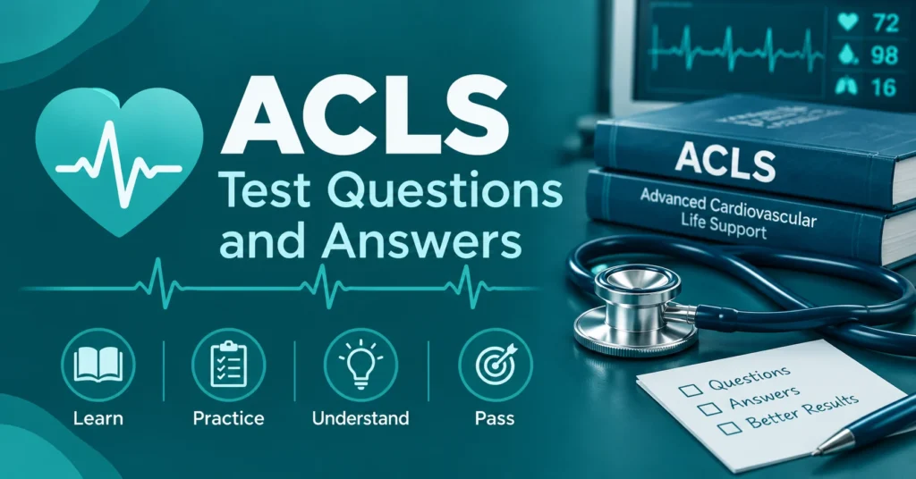 ACLS test questions and answers graphic featuring an ACLS textbook, stethoscope, ECG monitor, heart icon, and learn, practice, improve, and pass steps.