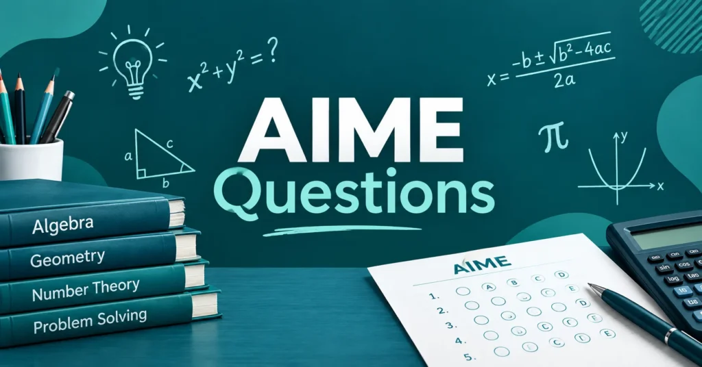 AIME questions study graphic featuring algebra, geometry, number theory, problem-solving books, math formulas, a calculator, and an AIME answer sheet.