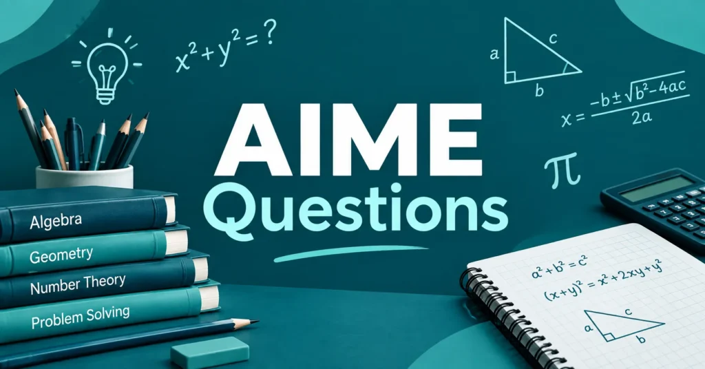 AIME questions educational banner with math formulas, geometry diagrams, algebra and geometry books, pencils, calculator, and a problem-solving notebook.