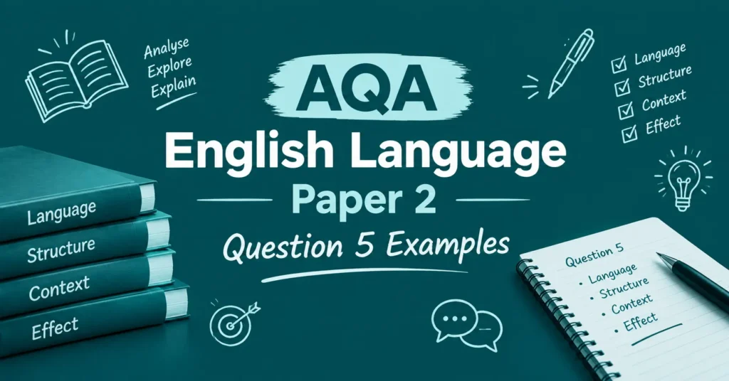AQA English Language Paper 2 Question 5 examples with language, structure, context, and effect study notes, books, pen, and educational icons.