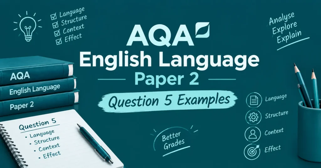 AQA English Language Paper 2 Question 5 examples infographic featuring exam notes, English language books, writing tools, analysis prompts, and better grade study tips.