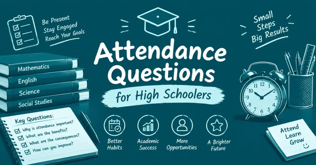 Attendance questions for high schoolers infographic featuring school books, a graduation cap, checklist, alarm clock, key questions, and academic success icons.