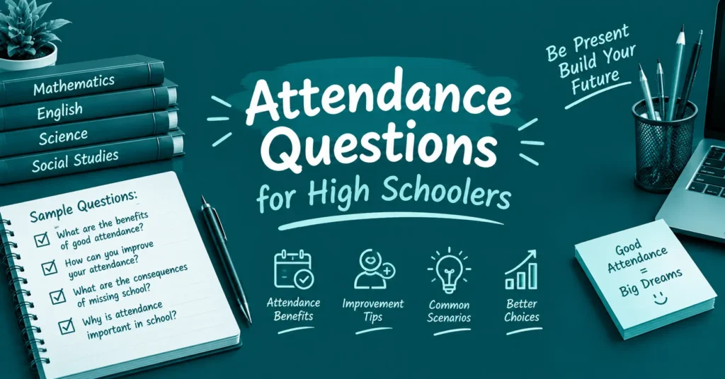 Attendance questions for high schoolers educational graphic with sample questions, school books, notebook, laptop, attendance benefits, improvement tips, and better choices.