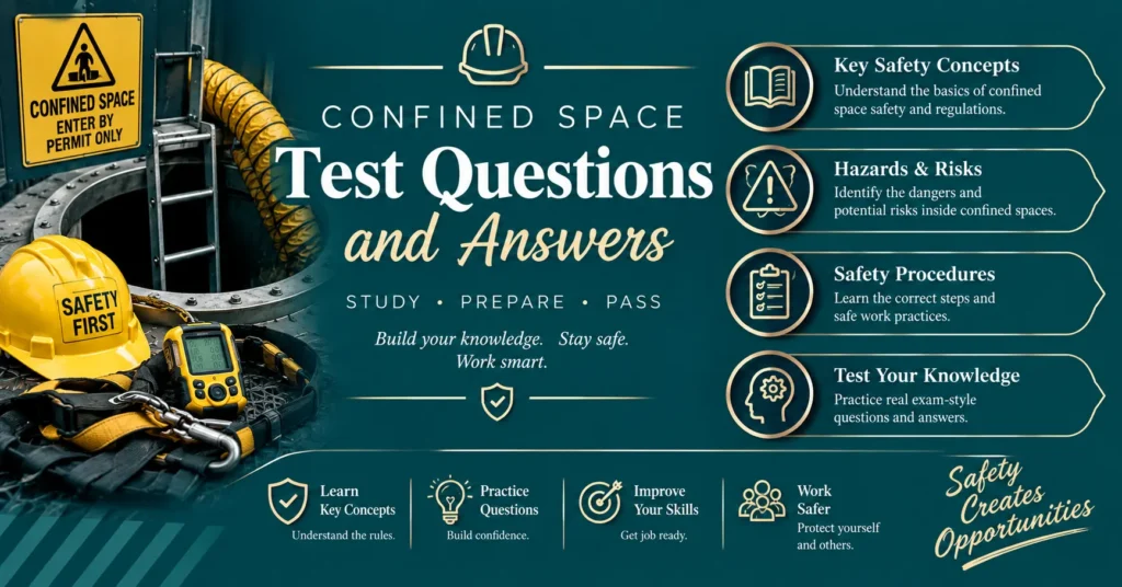 Confined space test questions and answers infographic covering safety concepts, hazards, procedures, atmospheric testing, and workplace preparation