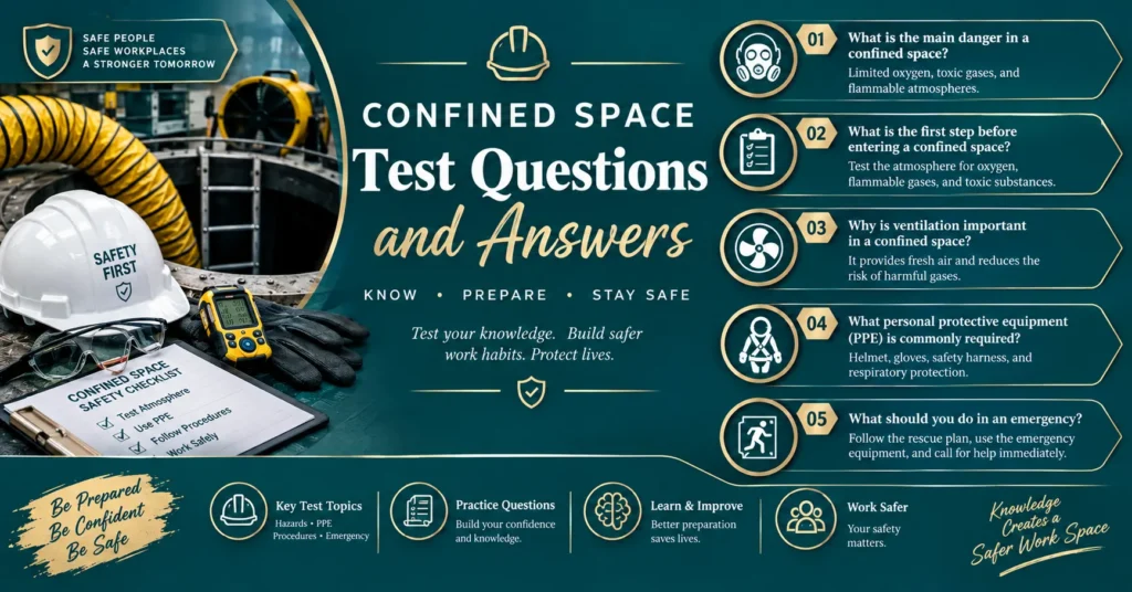 Confined space safety test questions and answers graphic featuring hazards, gas testing, ventilation, PPE, emergency response, and safety practices