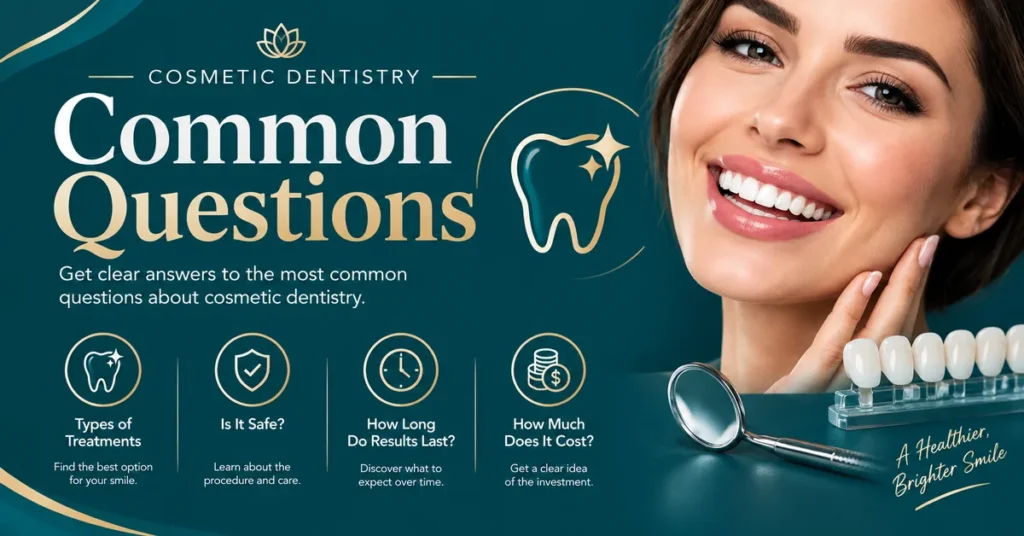 Cosmetic dentistry common questions infographic featuring smile enhancement treatments, dental safety, treatment results, and costs on a premium teal background.
