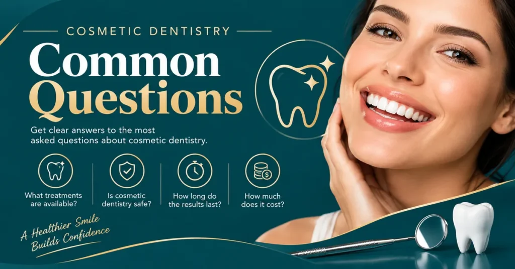 Cosmetic dentistry FAQs infographic with a smiling woman, dental tooth illustration, and common questions about available treatments, safety, results duration, and cost in a luxury teal and gold design.