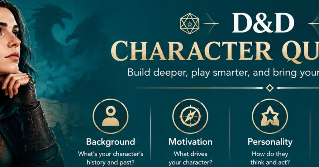 D&D character questions infographic featuring fantasy character background, motivation, personality, relationships, and goals in a premium teal and gold design with a fantasy adventurer and twenty-sided dice.