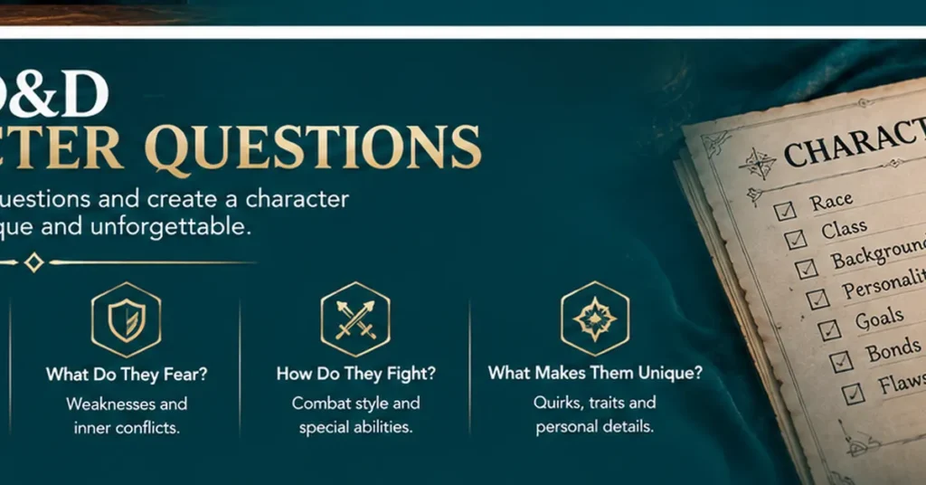 D&D character creation questions infographic covering character identity, desires, fears, combat style, bonds, and unique traits, featuring a fantasy character sheet, polyhedral dice, and a pen on a deep teal background with gold accents.