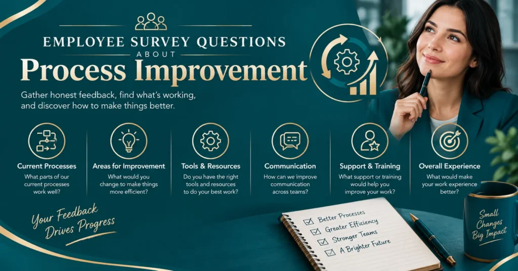 Employee survey questions about process improvement infographic featuring workflow efficiency, employee feedback, communication, tools and resources, and team support in a premium teal and gold design.