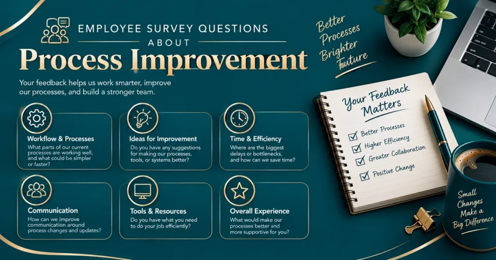 Employee survey questions about process improvement poster with six survey categories covering workflow processes, improvement ideas, time efficiency, communication, tools and resources, and overall employee experience, featuring a feedback notebook on a deep teal background with elegant gold accents.