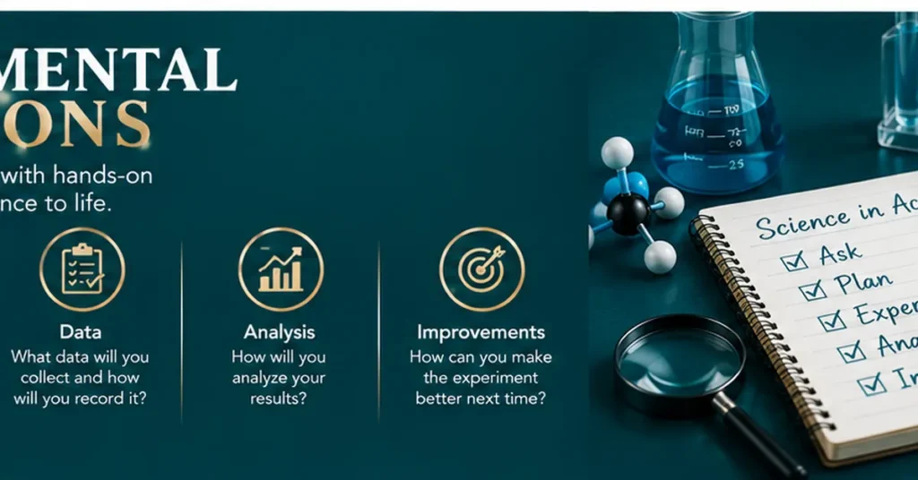 Science experiment questions infographic about variables, procedures, data analysis, and improvements on a teal background.