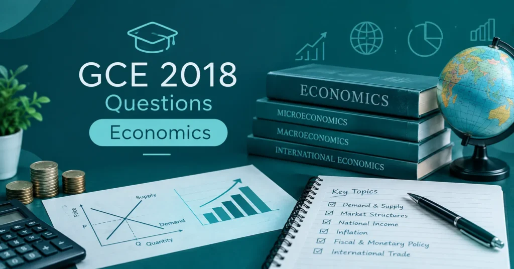 GCE 2018 Economics questions featuring economics textbooks, charts, a globe, and exam preparation concepts.