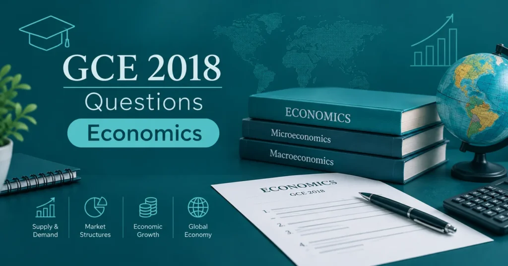 GCE 2018 Economics exam preparation infographic with supply and demand graphs, economic charts, coins, and a practice question paper.