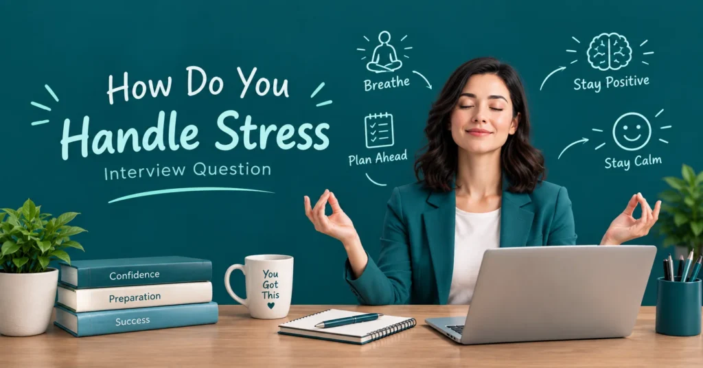 How Do You Handle Stress Interview Question featuring a calm professional woman meditating at her desk, with stress management tips, a laptop, books, and office accessories on a deep teal background.