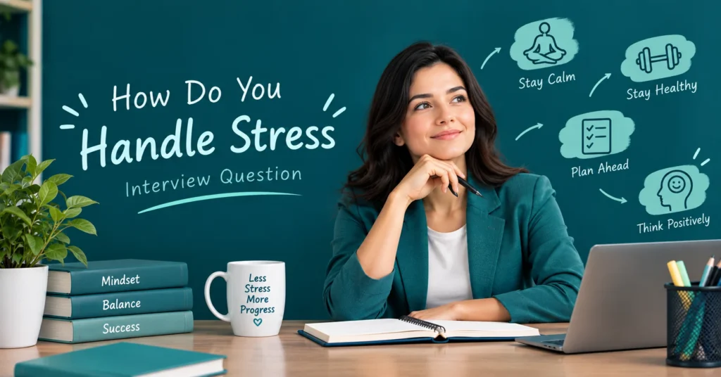 How Do You Handle Stress Interview Question featuring a thoughtful professional woman at her desk, with positive thinking tips, mindfulness icons, books, a notebook, and a laptop on a deep teal background.