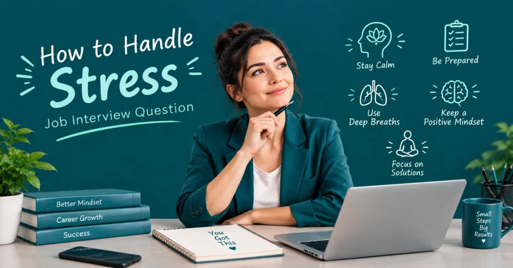 How to Handle Stress Job Interview Question featuring a professional woman practicing mindfulness at her desk, with stress management tips, a laptop, books, and calming office accessories on a deep teal background.