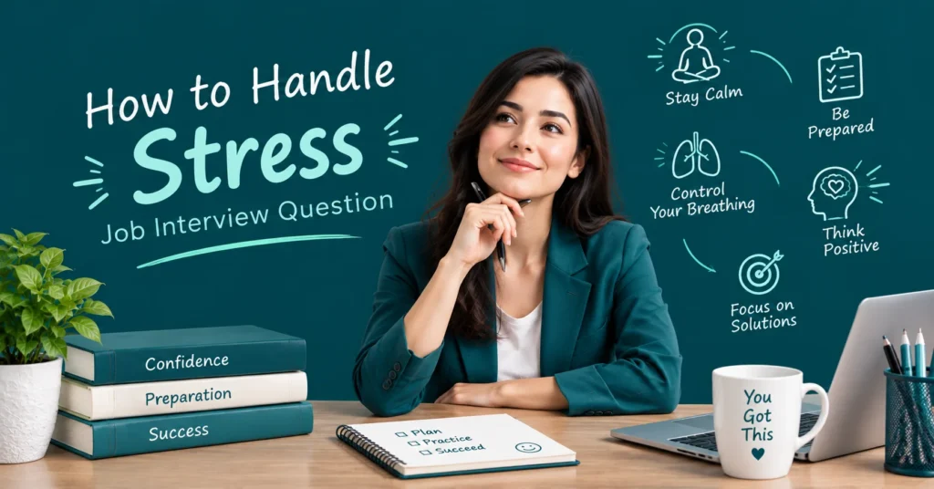 How to Handle Stress Job Interview Question featuring a thoughtful professional woman with interview preparation tips, breathing exercises, positive mindset icons, confidence-building books, a notebook, and a laptop on a deep teal background.