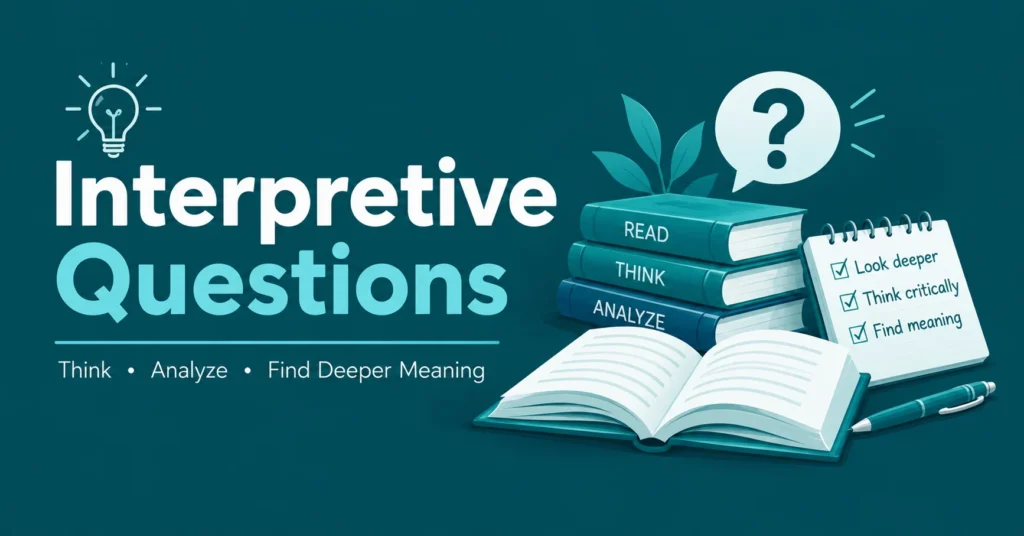 Interpretive Questions infographic with an open book and question mark on a teal background.