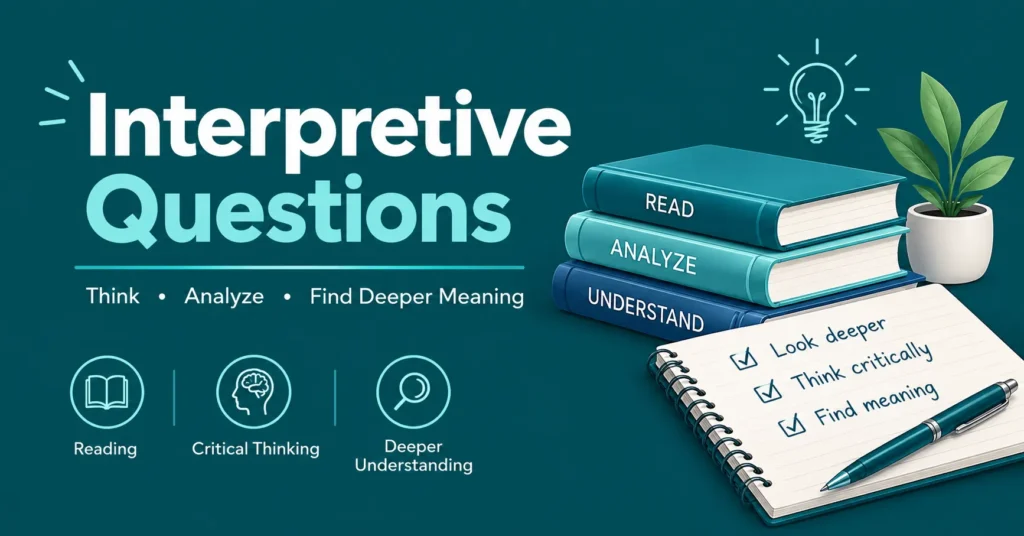 Interpretive Questions banner featuring books, a checklist, and critical thinking illustrations.